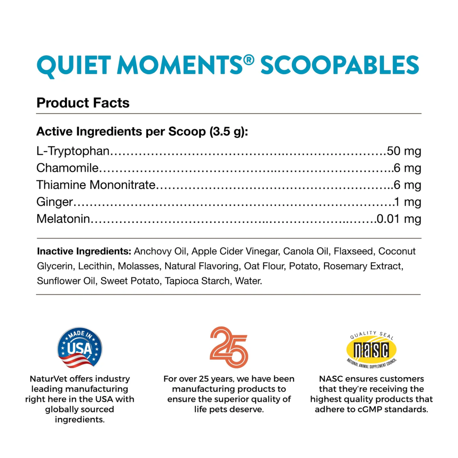 Directions and product facts panel for Quiet Moments Scoopables, listing active ingredients, inactive ingredients, and usage instructions with certification icons at the bottom.