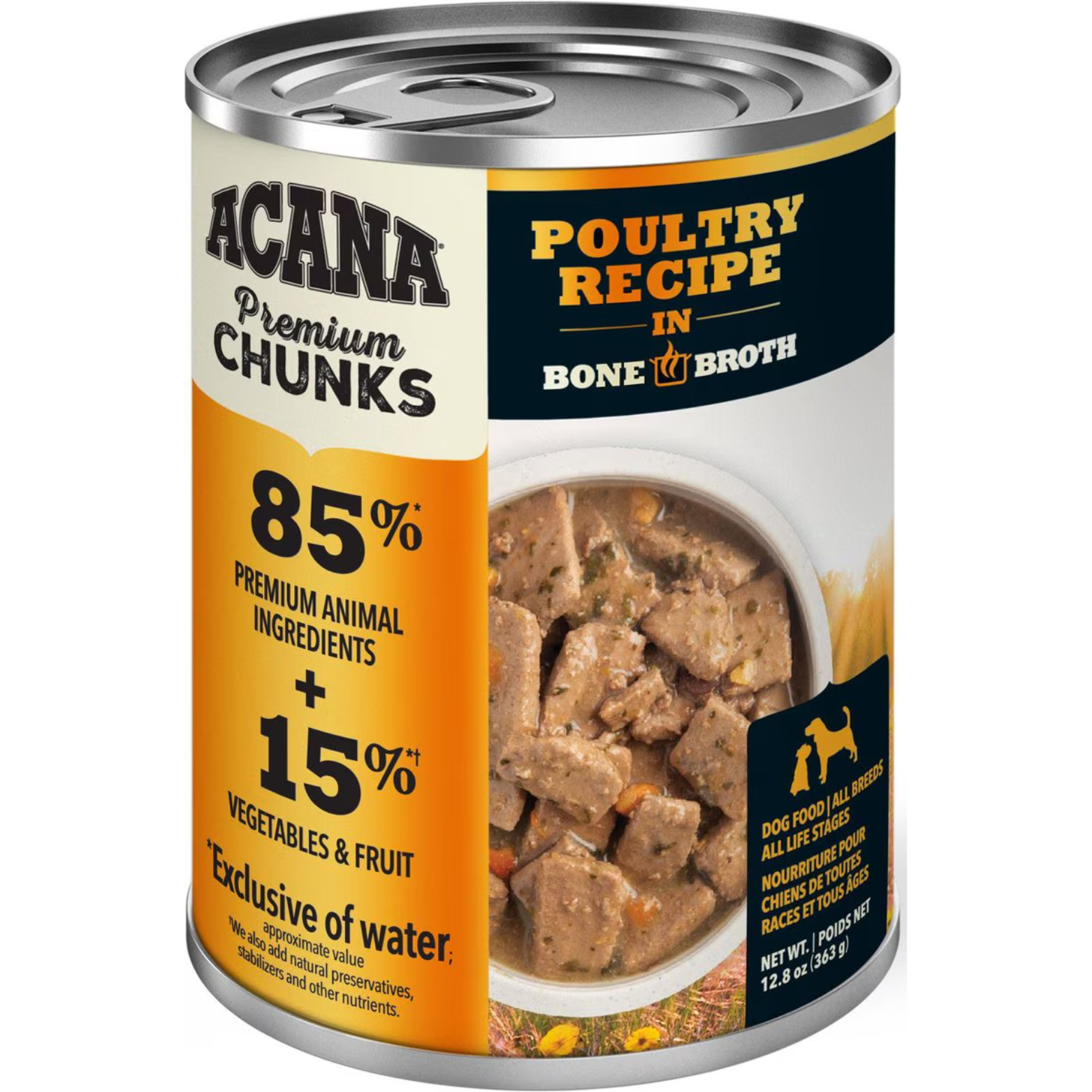 Acana Premium Chunks Poultry Recipe in Bone Broth Canned Dog Food, 12.8-oz