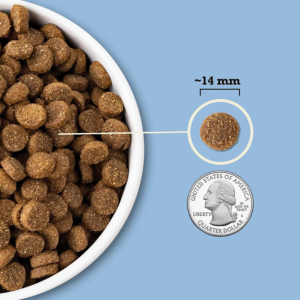 Close-up image comparing the size of ACANA Wholesome Grains kibble, labeled approximately 14 millimeters in diameter, shown next to a U.S. quarter for scale.
