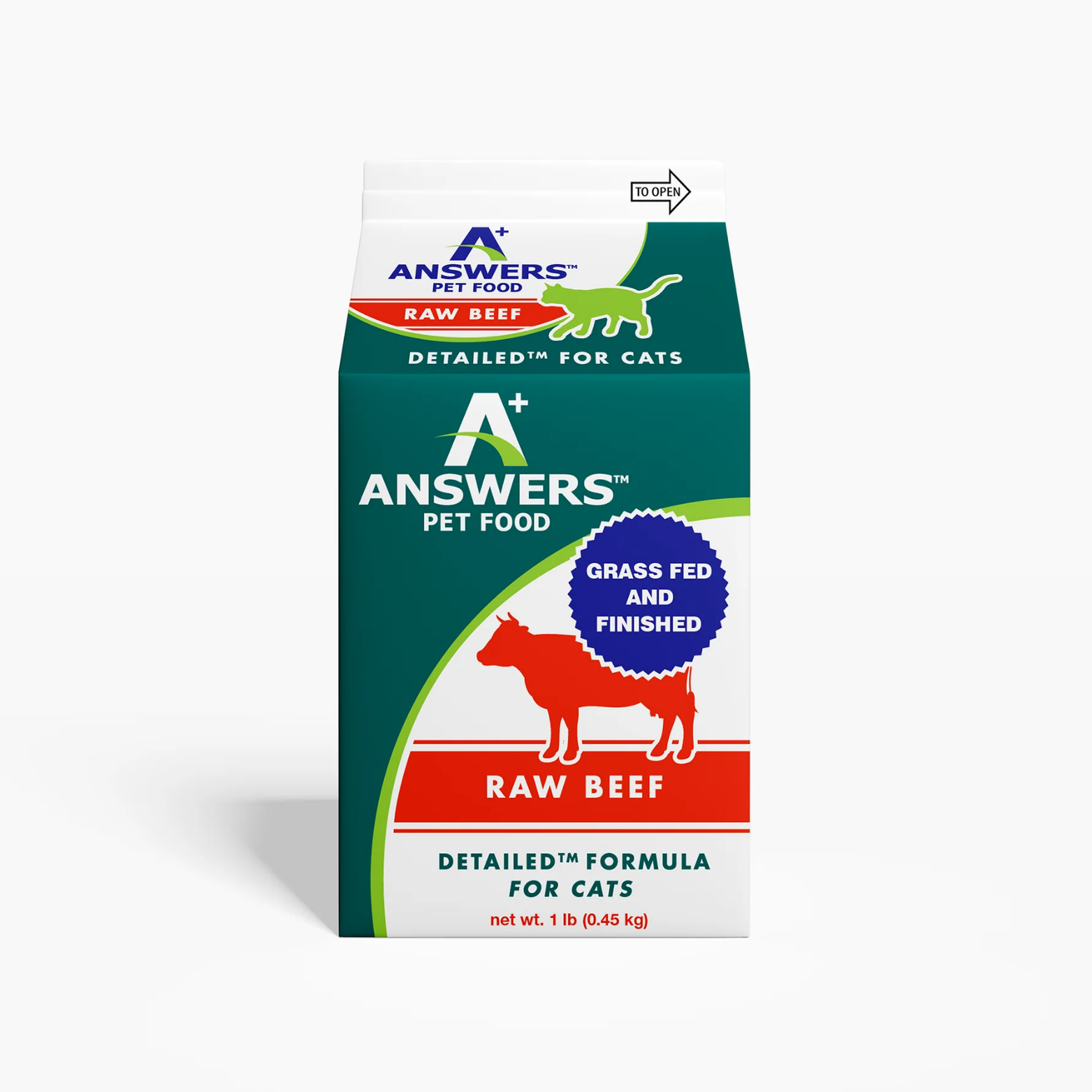 Front view of a green and white carton of Answers Pet Food raw beef detailed formula for cats. The packaging features the Answers Pet Food logo, a red cow graphic, text indicating “Raw Beef,” “Detailed Formula for Cats,” grass-fed and finished beef, and a net weight of 1 pound.