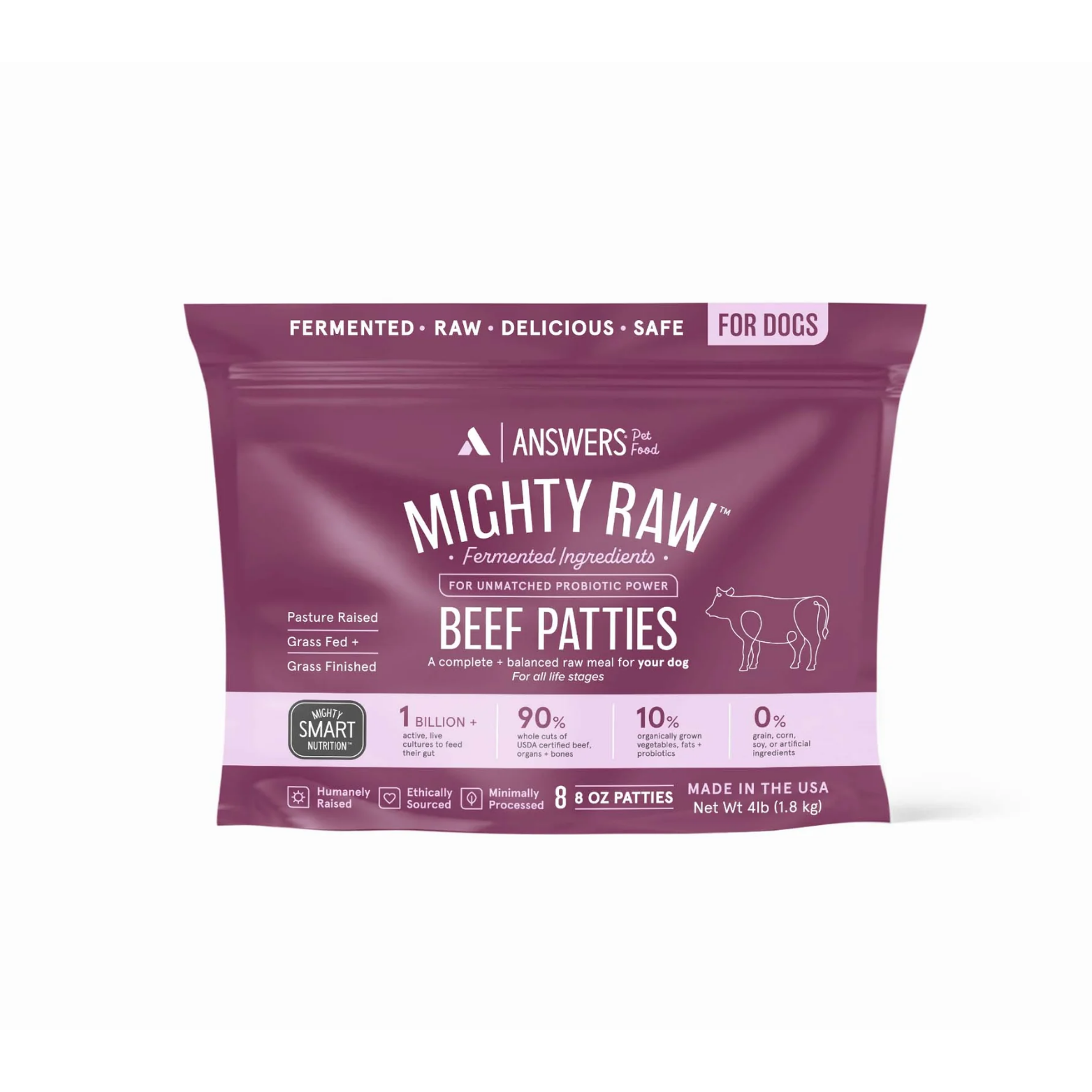 Front view of a purple resealable bag of Answers Pet Food Mighty Raw beef patties for dogs. The packaging highlights fermented raw ingredients, pasture-raised grass-fed and grass-finished beef, complete and balanced nutrition for all life stages, eight 8-ounce patties, and a net weight of 4 pounds.