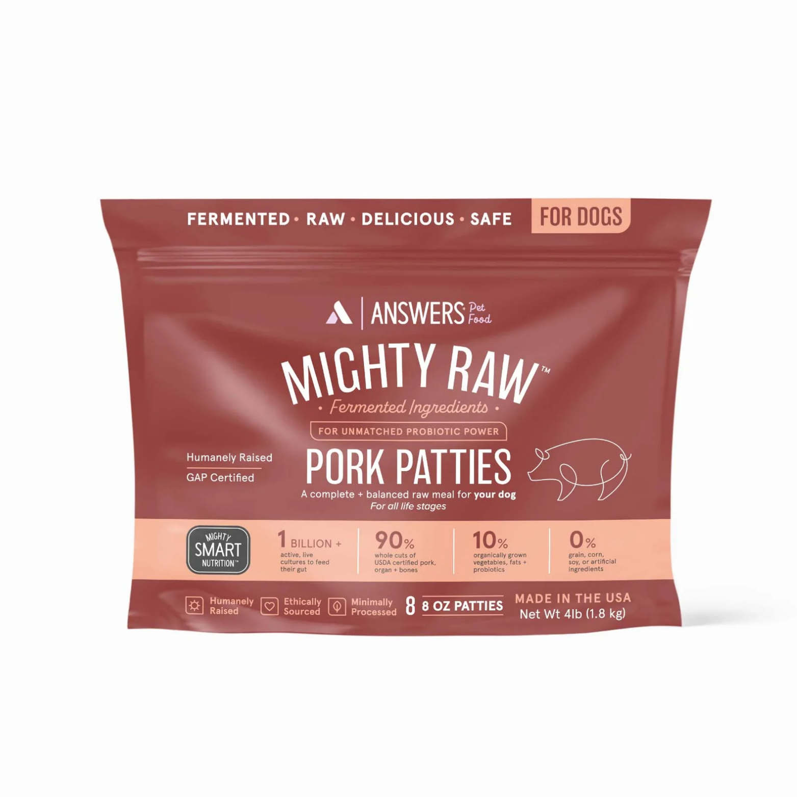 Front view of a red package of Answers Pet Food Mighty Raw fermented pork patties for dogs. The packaging highlights probiotic power, humanely raised pork, minimal processing, and U.S. production. The bag contains eight 8-ounce patties with a total net weight of 4 pounds and is labeled as a complete, balanced raw meal for all life stages.