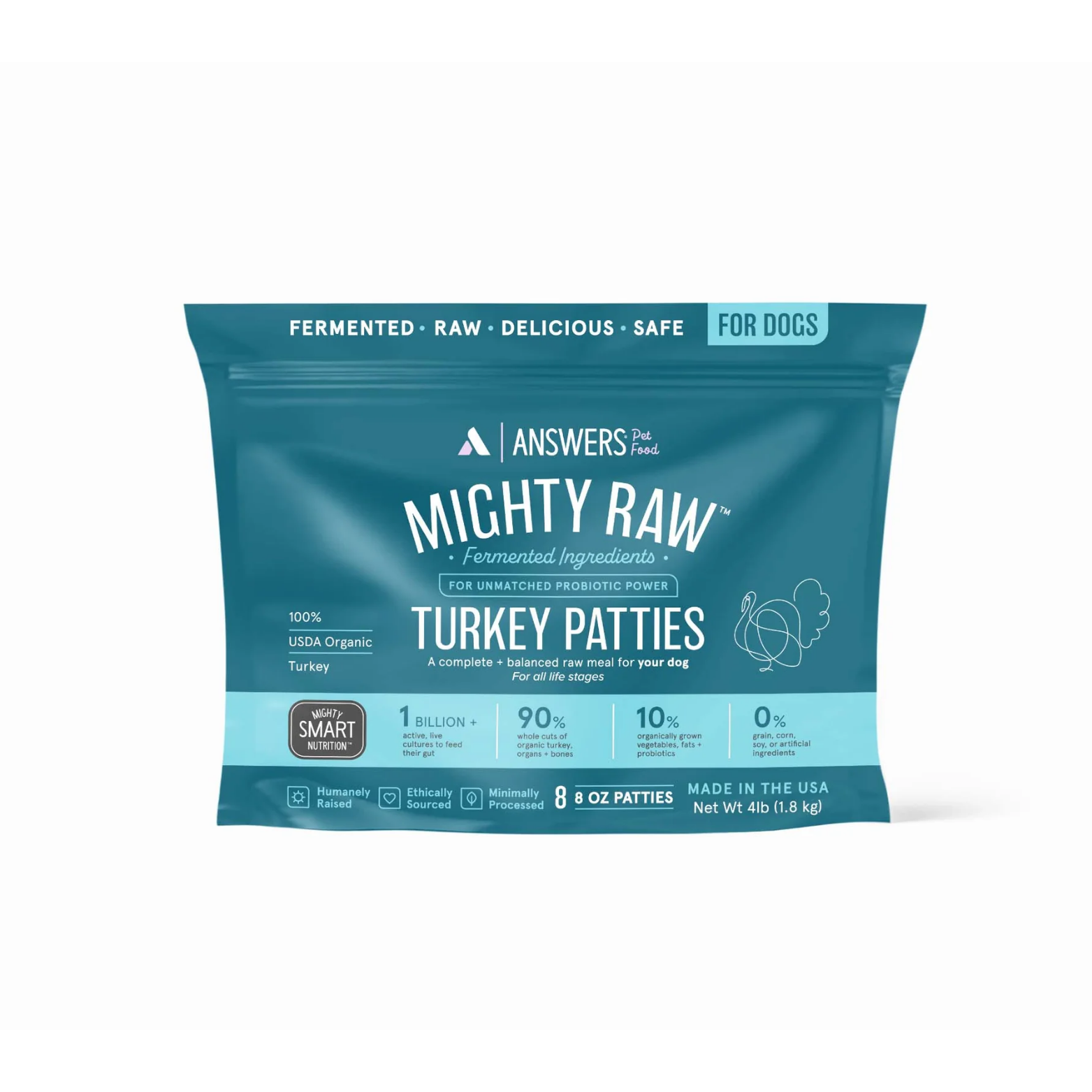 Front view of a teal bag of Answers Pet Food Mighty Raw fermented turkey patties for dogs. The packaging highlights USDA organic turkey, probiotic fermentation, minimal processing, and U.S. production, and indicates eight 8-ounce patties with a total net weight of 4 pounds.