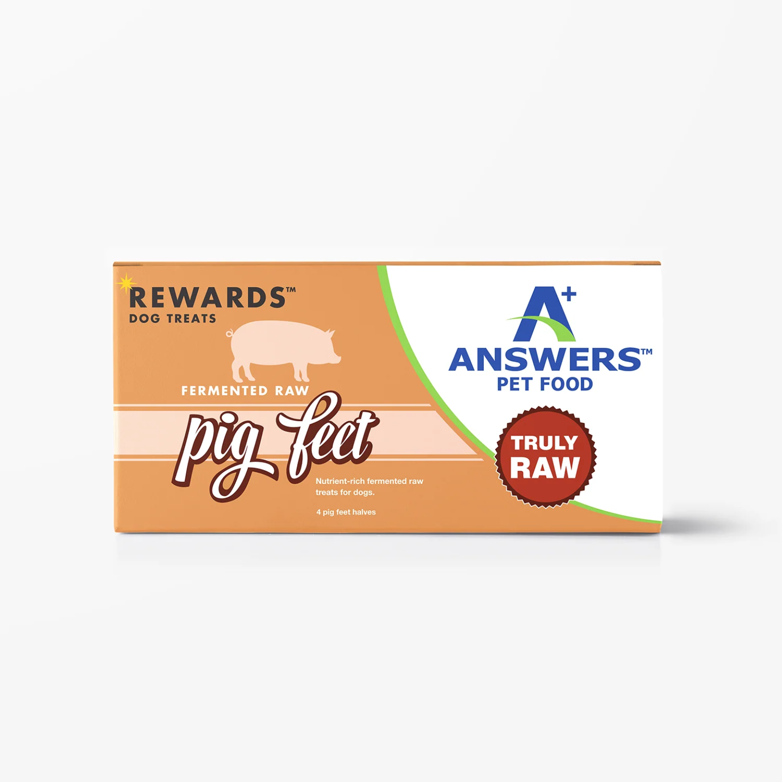 Front view of an orange and white box of Answers Pet Food Rewards fermented raw pig feet dog treats. The packaging features a pig icon, the Answers Pet Food logo, “Truly Raw” labeling, and indicates four pig feet halves inside.