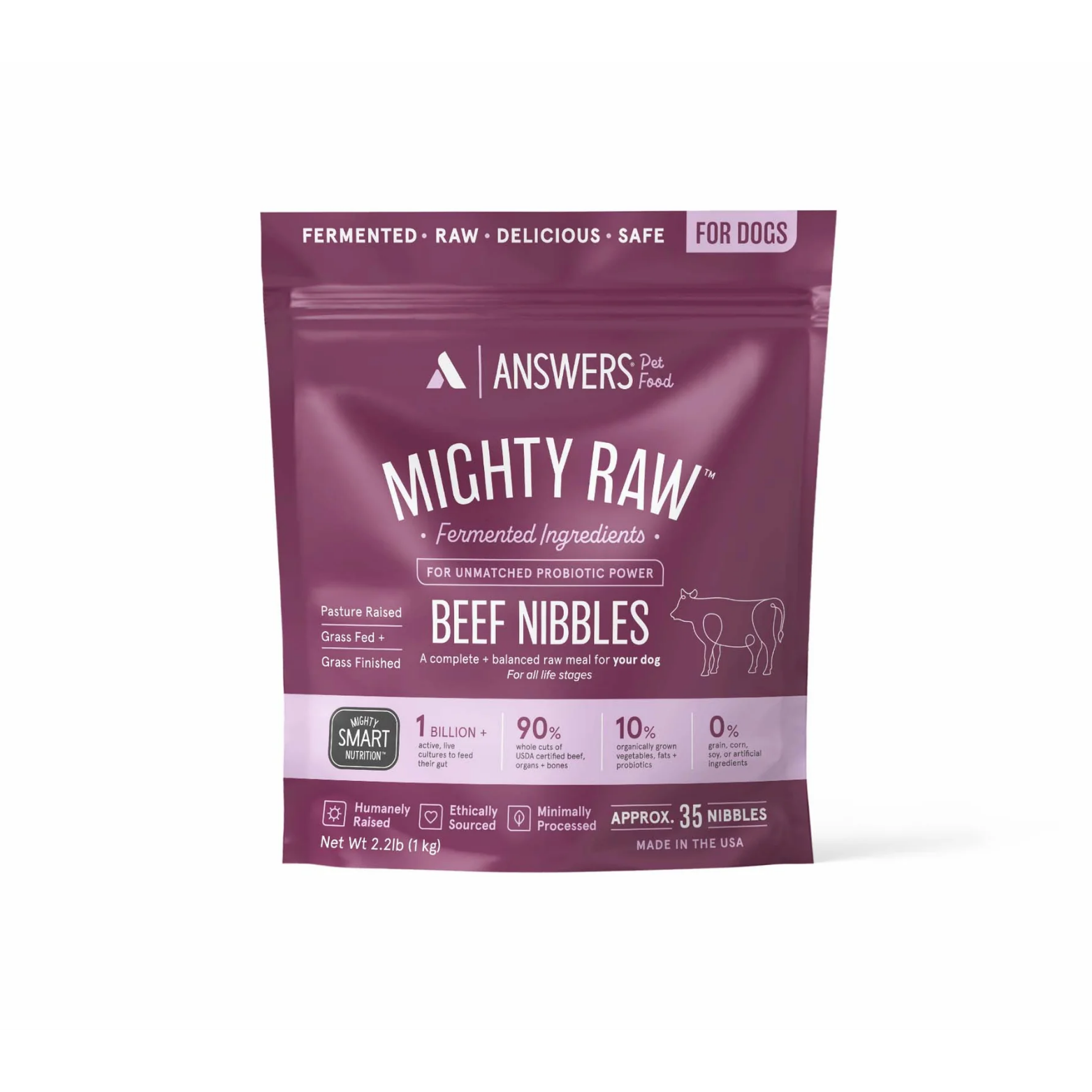 Front view of a purple bag of Answers Pet Food Mighty Raw fermented beef nibbles for dogs. The packaging highlights pasture-raised, grass-fed and finished beef, probiotic fermentation, minimal processing, and U.S. production, and indicates approximately 35 nibbles with a net weight of 2.2 pounds.