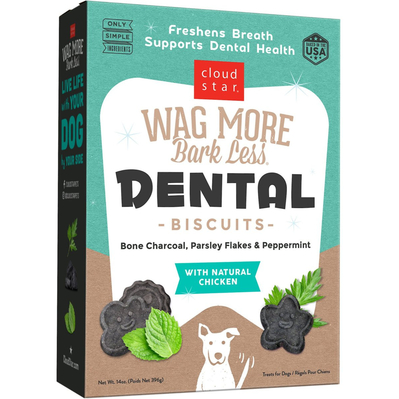 Cloud Star Wag More Bark Less Oven Baked Dental Chicken, Bone Charcoal, Parsley, Peppermint Crunchy Dog Treats 14 oz