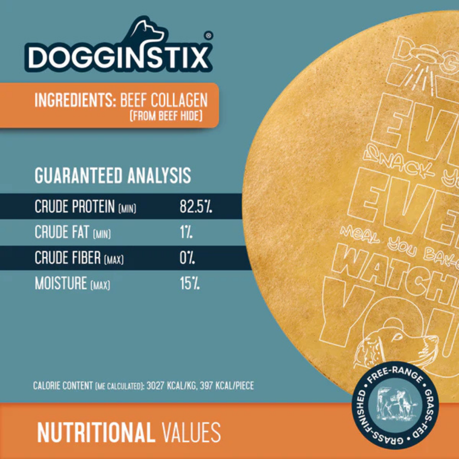 Nutritional information graphic for Dogginstix showing ingredients listed as beef collagen (from beef hide) and a guaranteed analysis with high crude protein content.