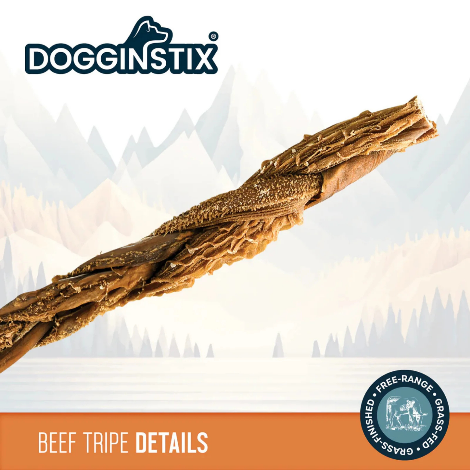 Close-up detail image of a Dogginstix braided beef tripe dog chew showing the layered, ridged texture of twisted beef tripe strands against a light background with Dogginstix branding.