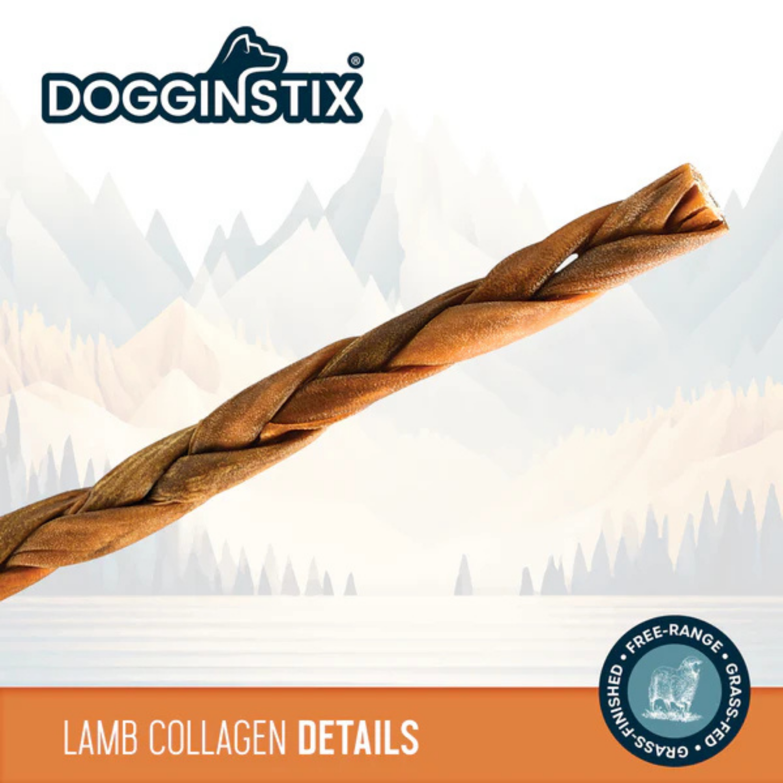 Braided lamb collagen dog chew shown diagonally on a white background with the Dogginstix logo and a label reading “Lamb Collagen Details.”