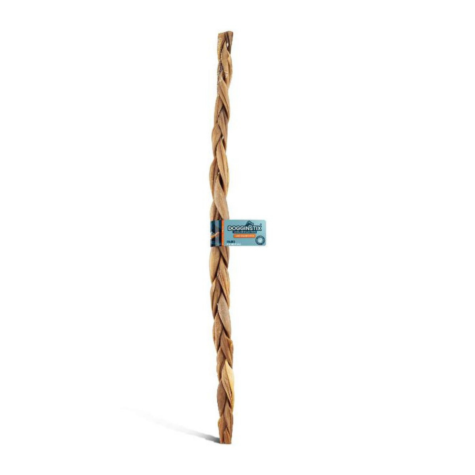 24 inch braided lamb collagen dog chew standing vertically on a white background with a Dogginstix product label attached at the center.