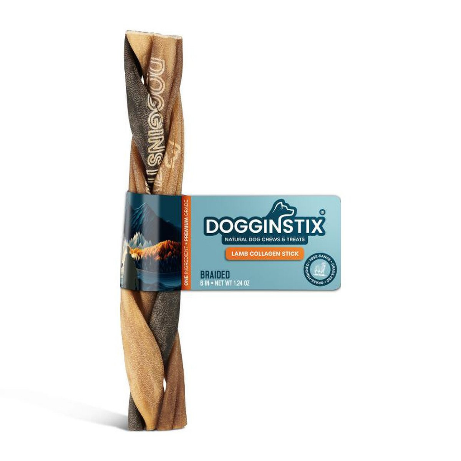 Packaged Dogginstix 6 inch braided lamb collagen stick with teal and orange branding, labeled “Lamb Collagen Stick,” shown upright on a white background.