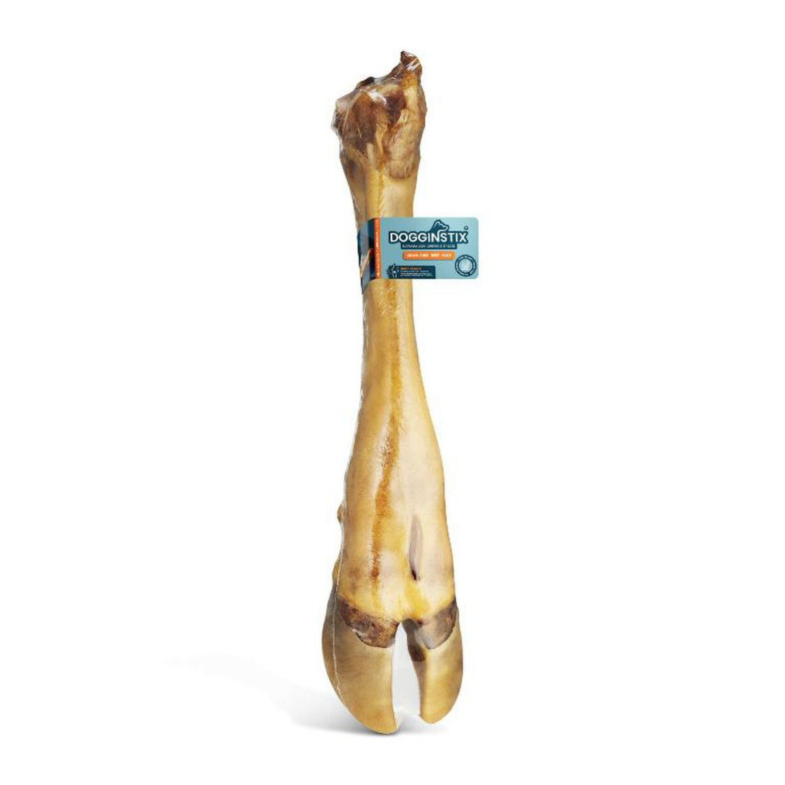 Single Dogginstix odor-free beef foot dog treat standing upright on a white background with a branded label wrapped around the center.

