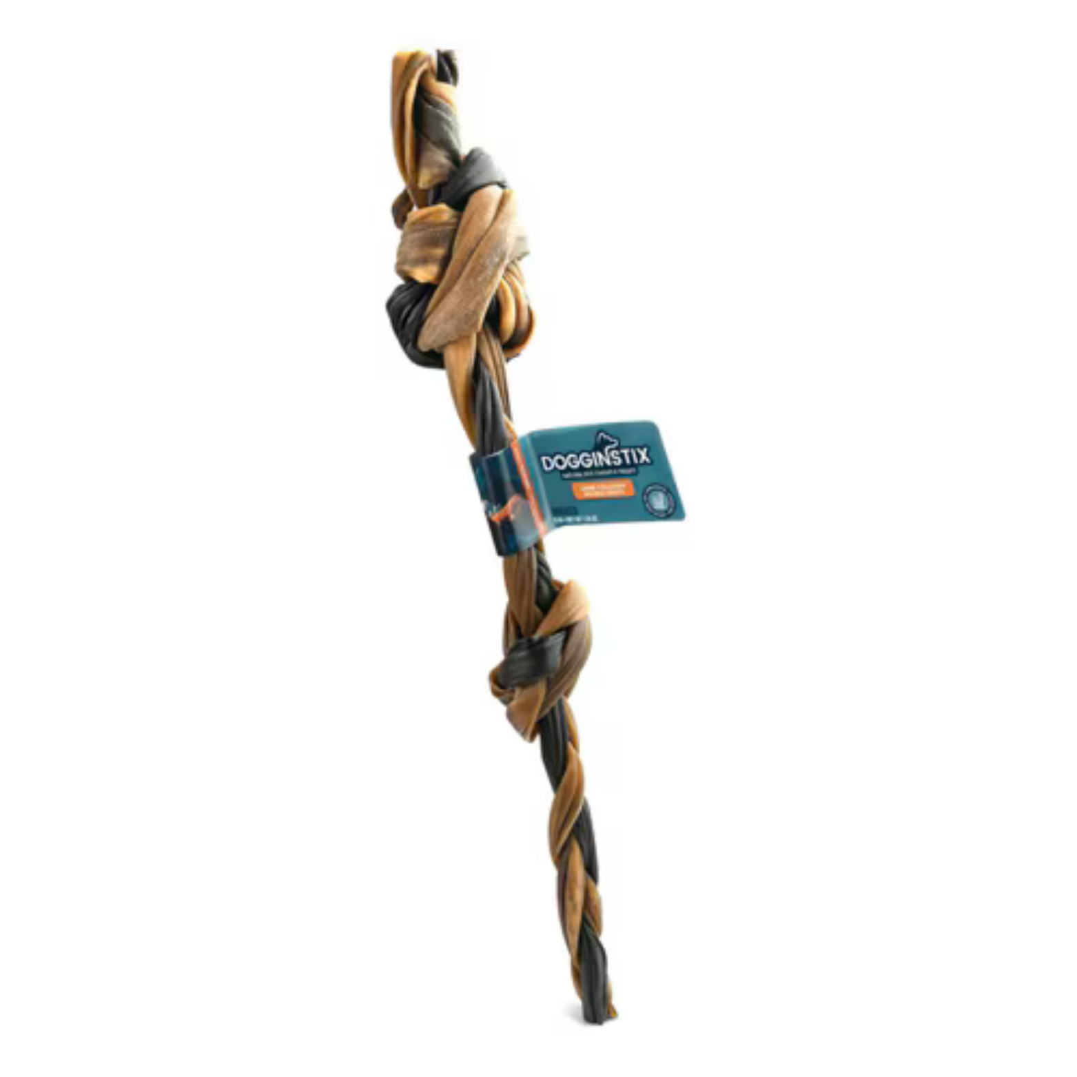 A long, twisted Dogginstix dog chew made from braided tan and dark brown collagen strips, tied with multiple knots along its length, displayed vertically on a white background with a branded label attached.