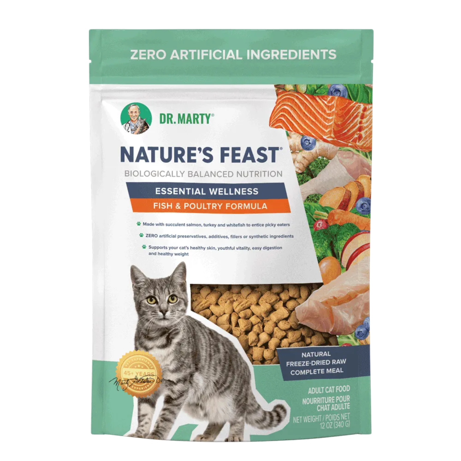 Dr. Marty Freeze Dried Raw Cat Food Fish & Poultry Essential Wellness Nature's Feast 12 oz