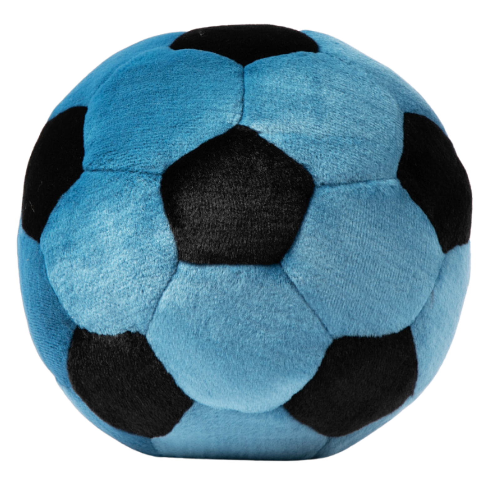 Blue and black plush soccer ball dog toy on a white background from Fluff & Tuff