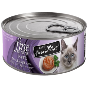 Fussie Cat Fine Dining Pate Mackerel with Beef Entree in Gravy Wet Cat Food, 2.82-oz - Mutts & Co.