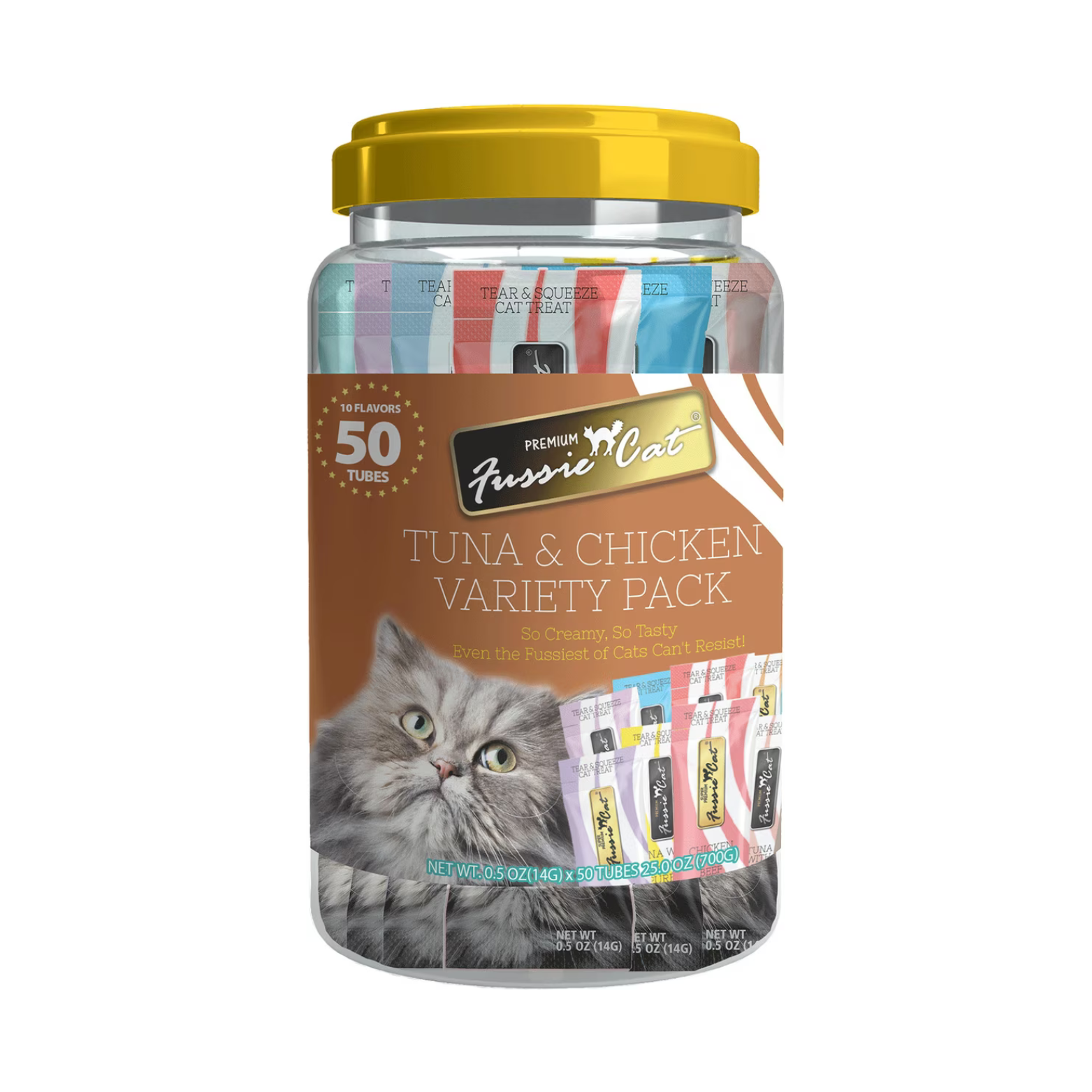 Fussie Cat Puree Cat Treats Tuna & Chicken Variety Pack, 10 Flavors - 50 count