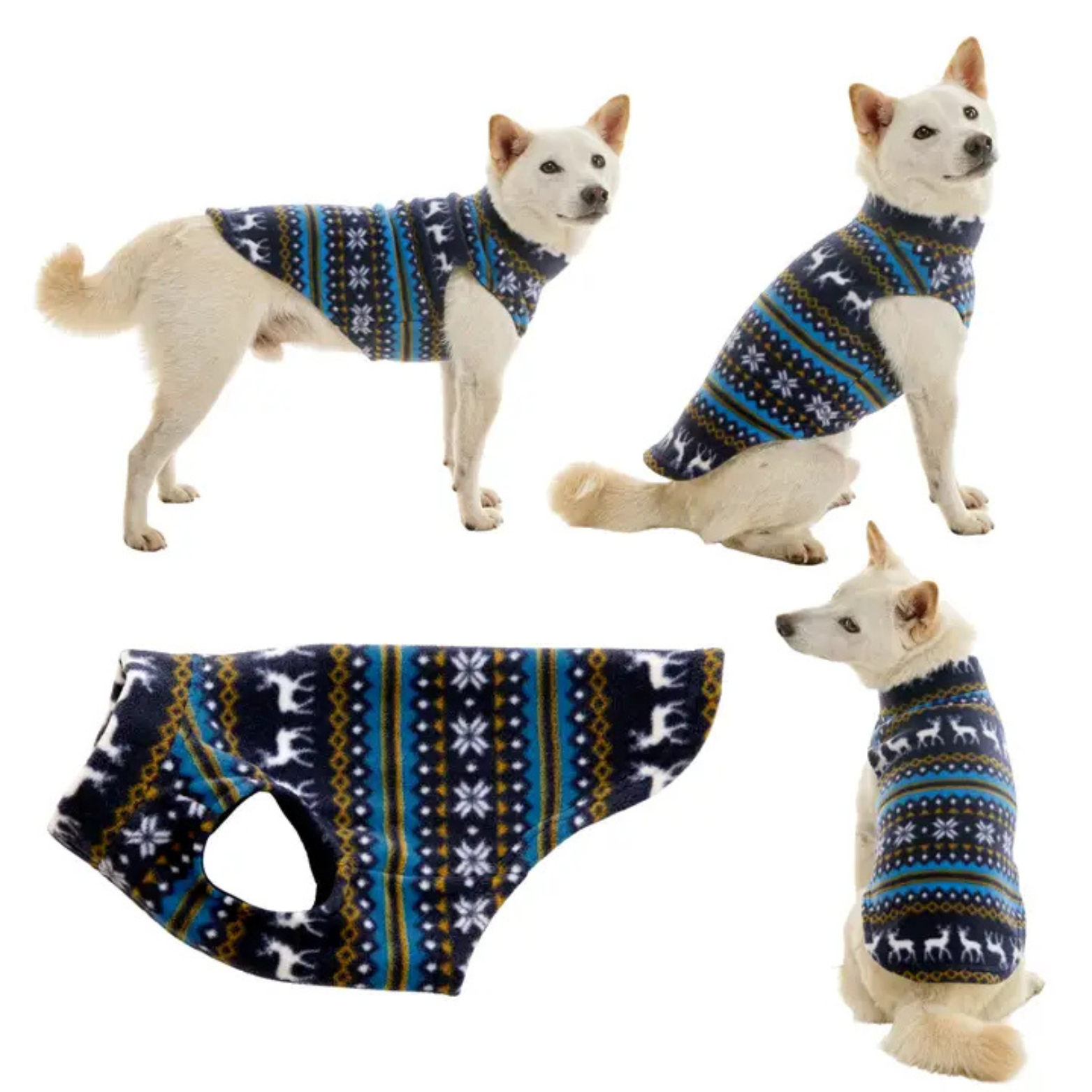 Gooby Stretch Fleece Prints Dog Vest Reindeer Print Blue