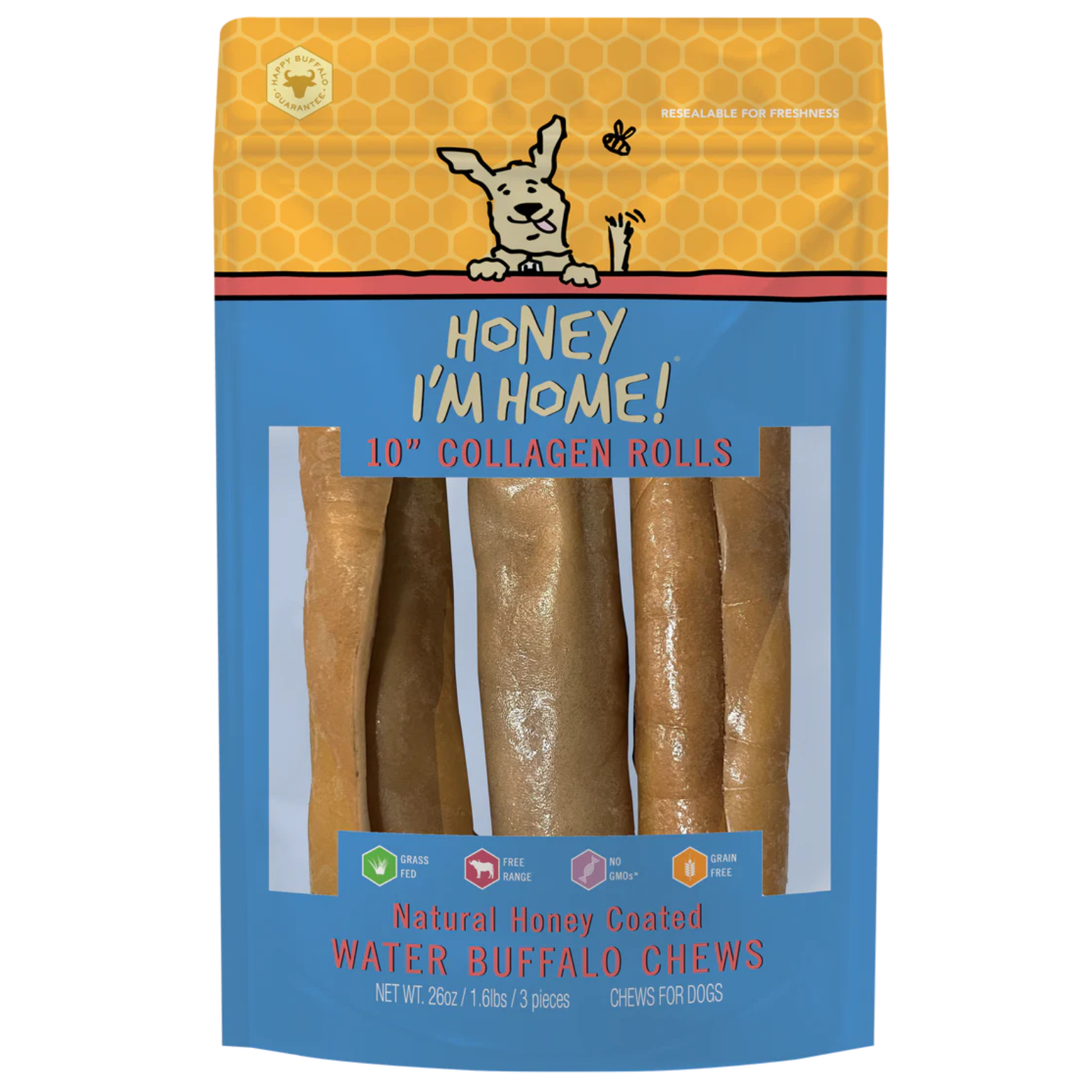 Honey I'm Home 10" Buffalo Collagen Rolls Natural Honey Coated Chews Grain-Free Dog Treats 3 pk