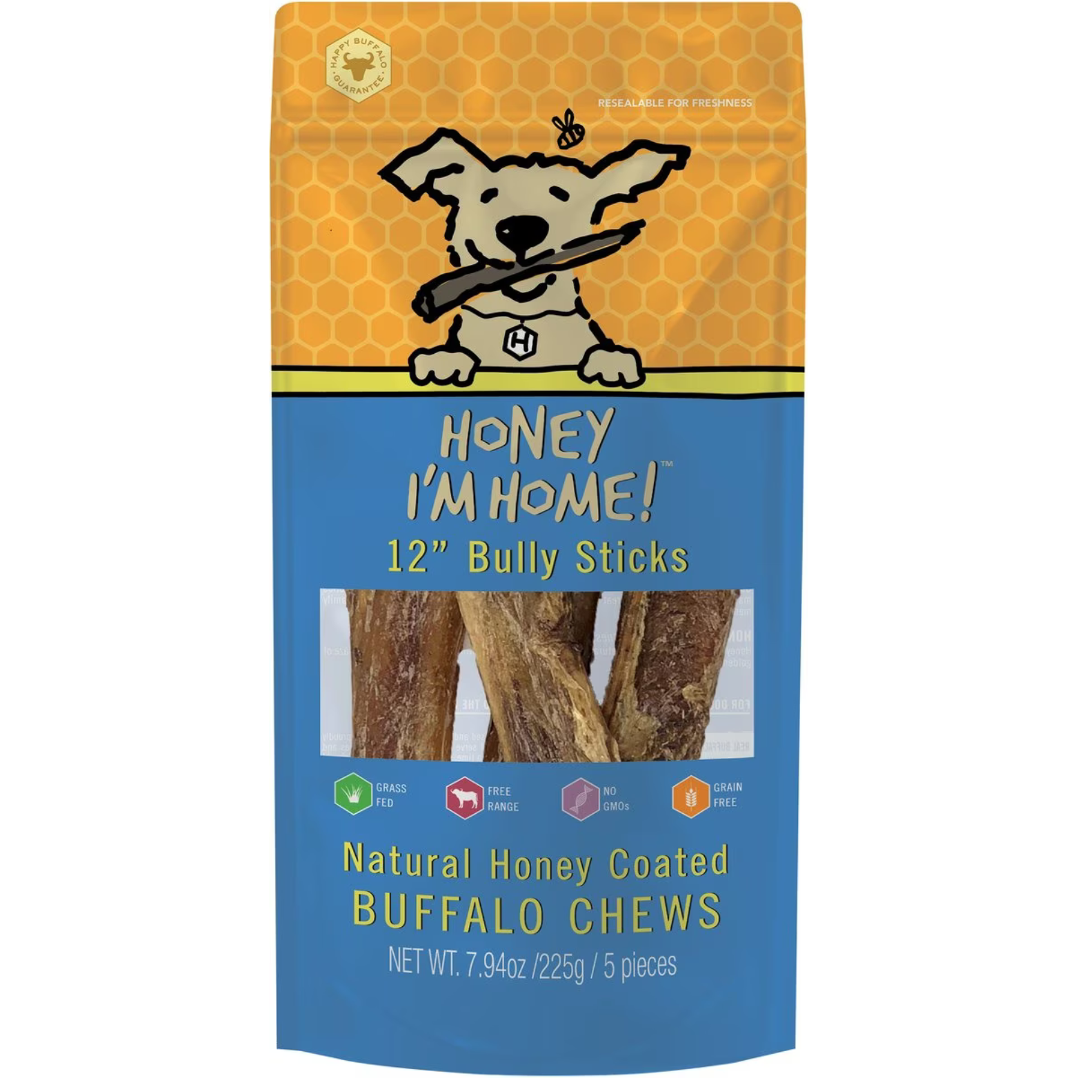 Honey I'm Home 12" Buffalo Bully Sticks Natural Honey Coated Chews Grain-Free Dog Treats 5 pk