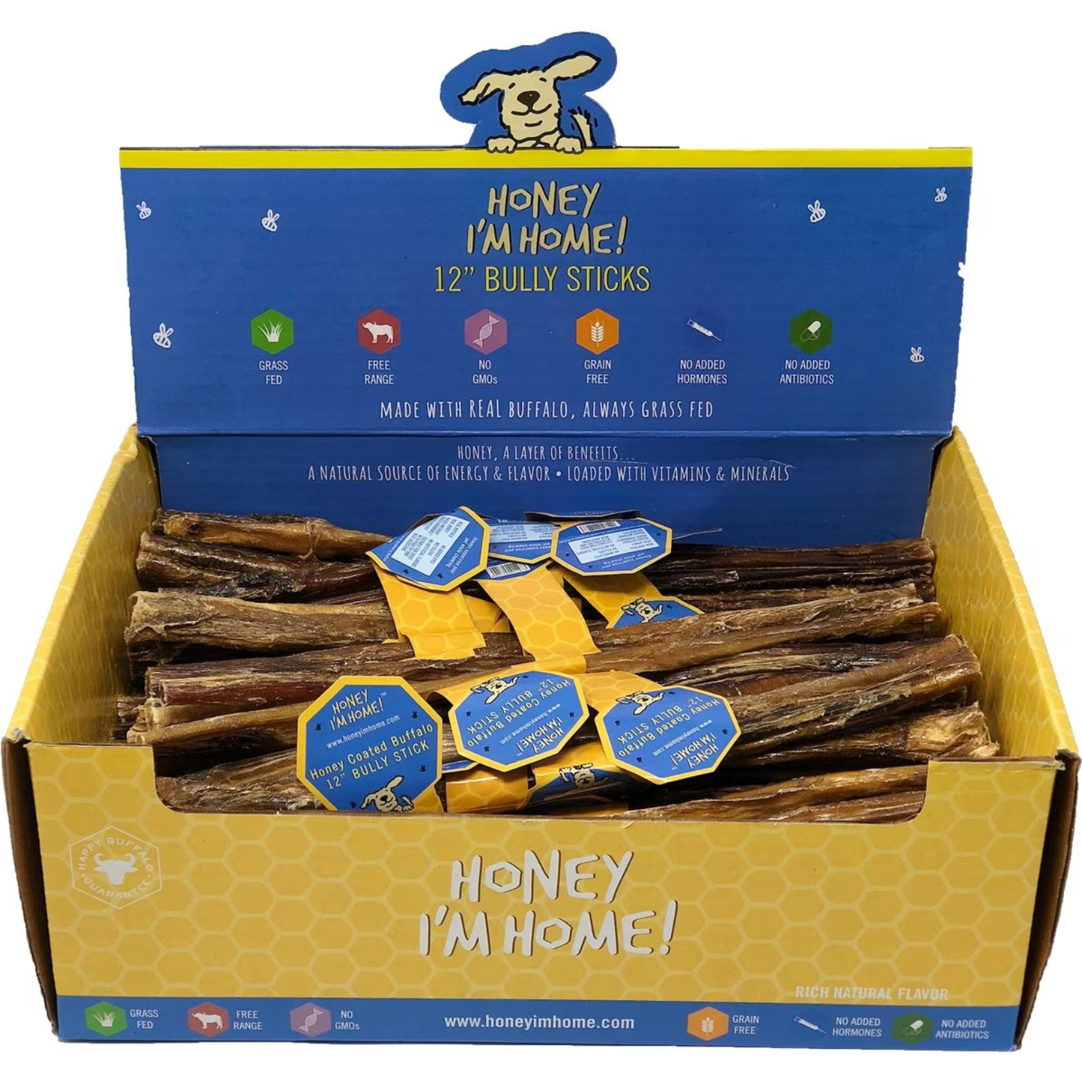 Honey I'm Home 12" Buffalo Bully Sticks Natural Honey Coated Chews Grain-Free Dog Treats Bulk