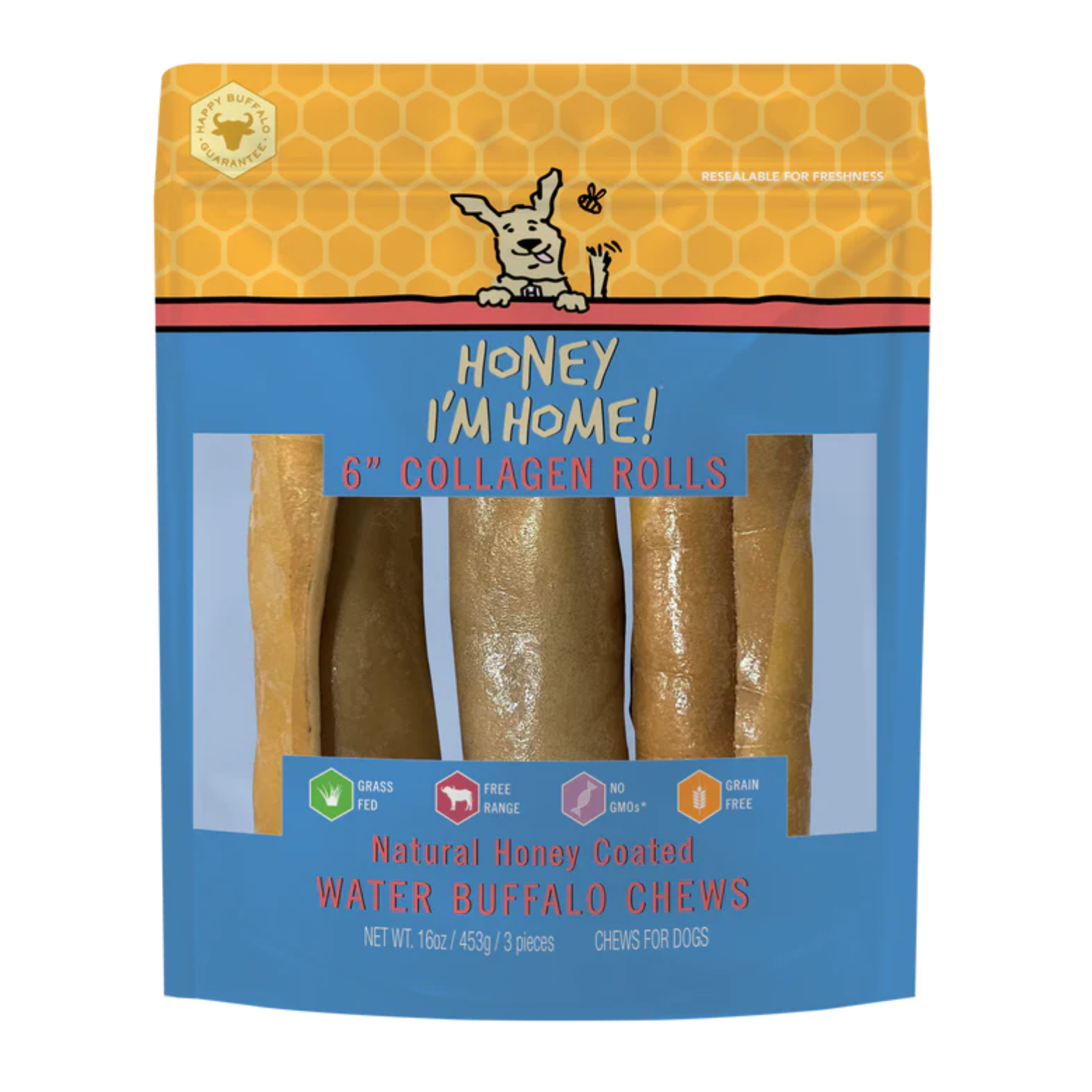 Honey I'm Home 6" Buffalo Collagen Rolls Natural Honey Coated Chews Grain-Free Dog Treats 3 pk