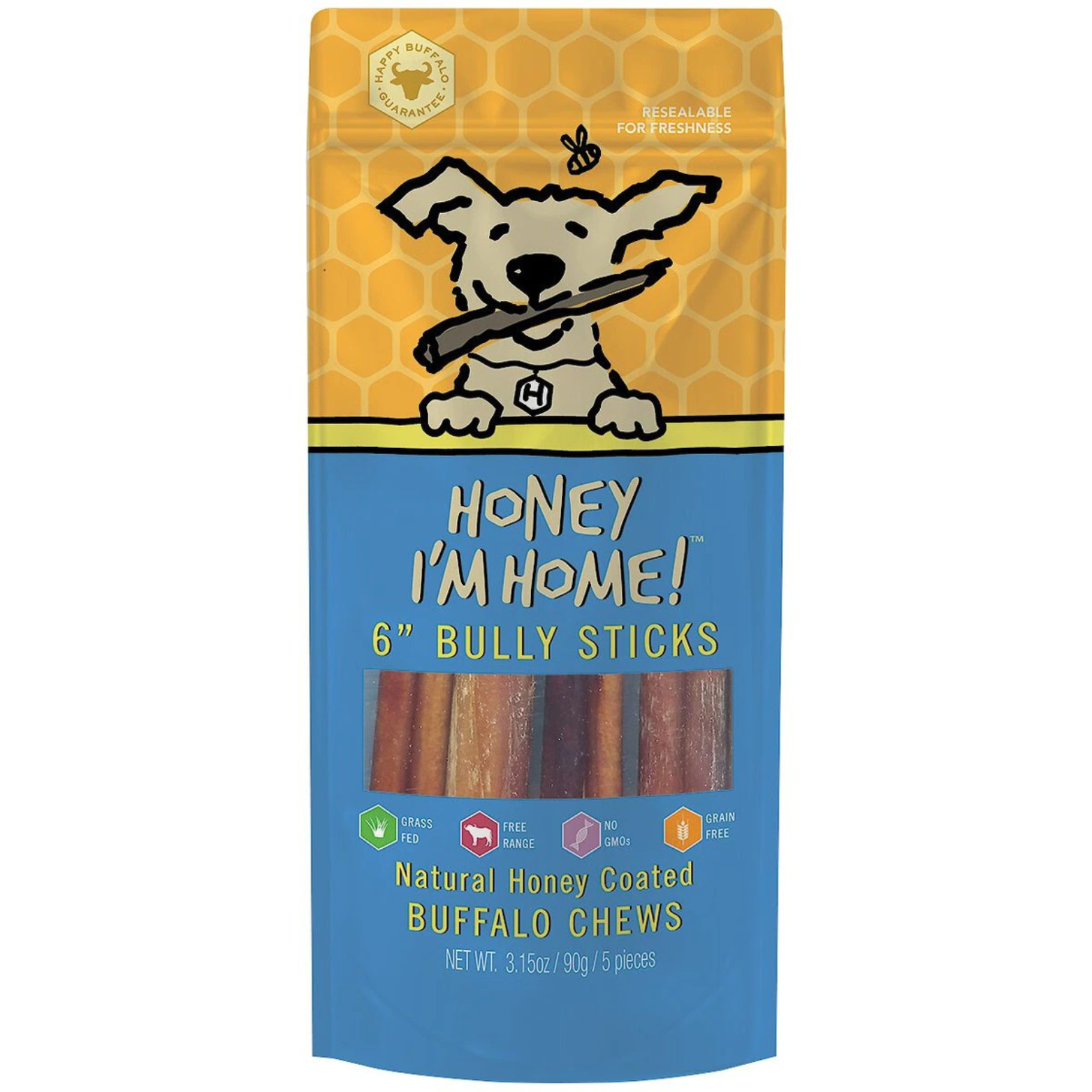 Honey I'm Home 6" Buffalo Bully Sticks Natural Honey Coated Chews Grain-Free Dog Treats 5 pk