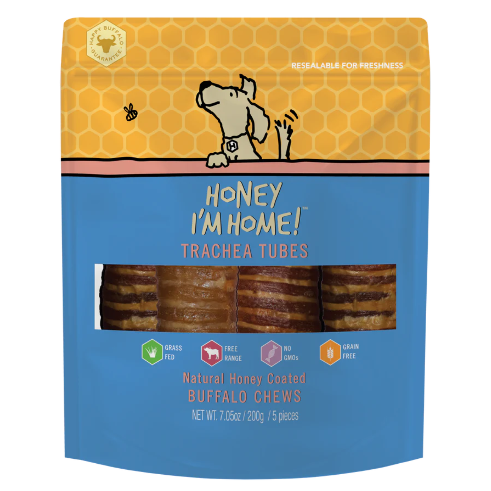 Honey I'm Home Buffalo Trachea Tubes Natural Honey Coated Chews Grain-Free Dog Treats 5 pk