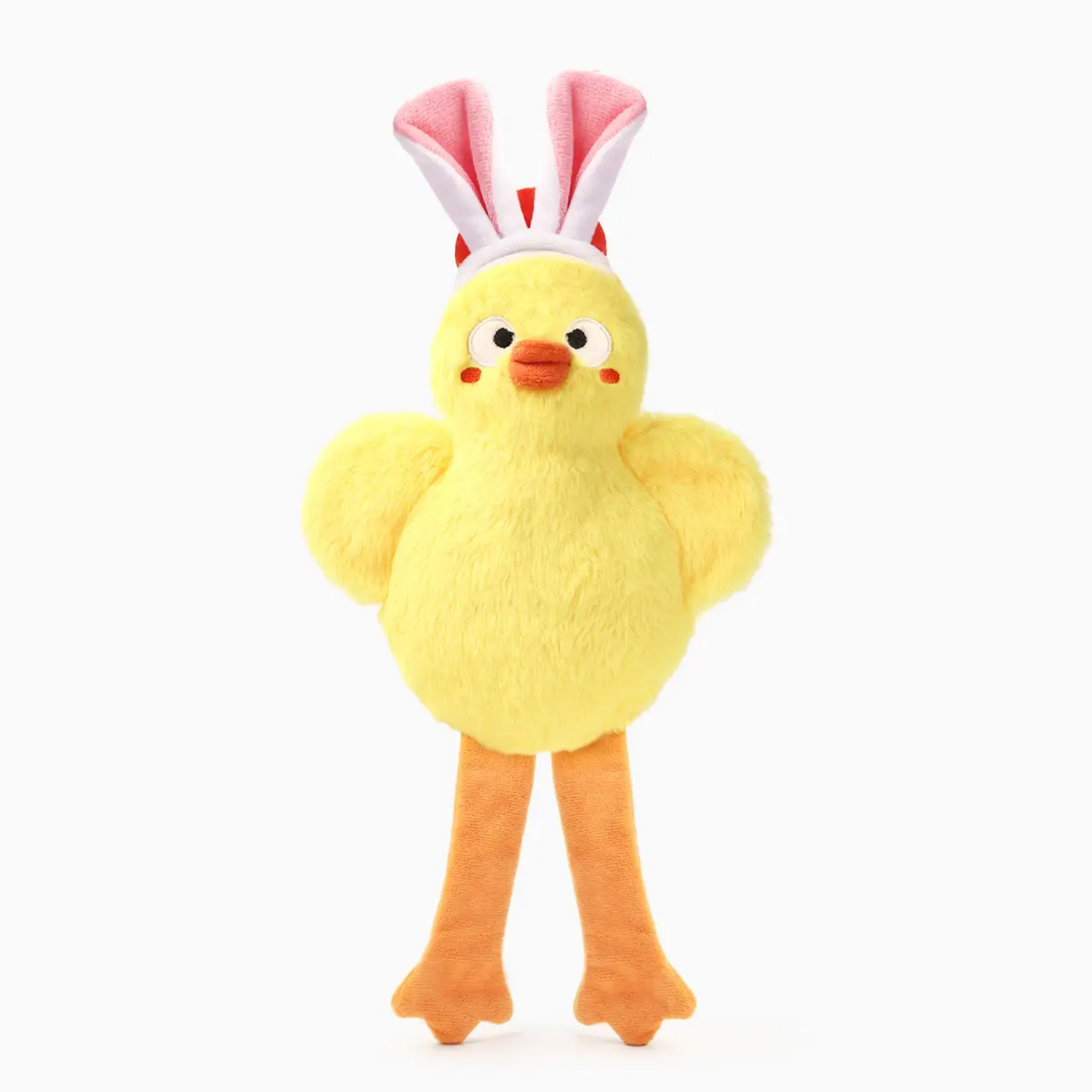Yellow plush toy with bunny ears on a white background