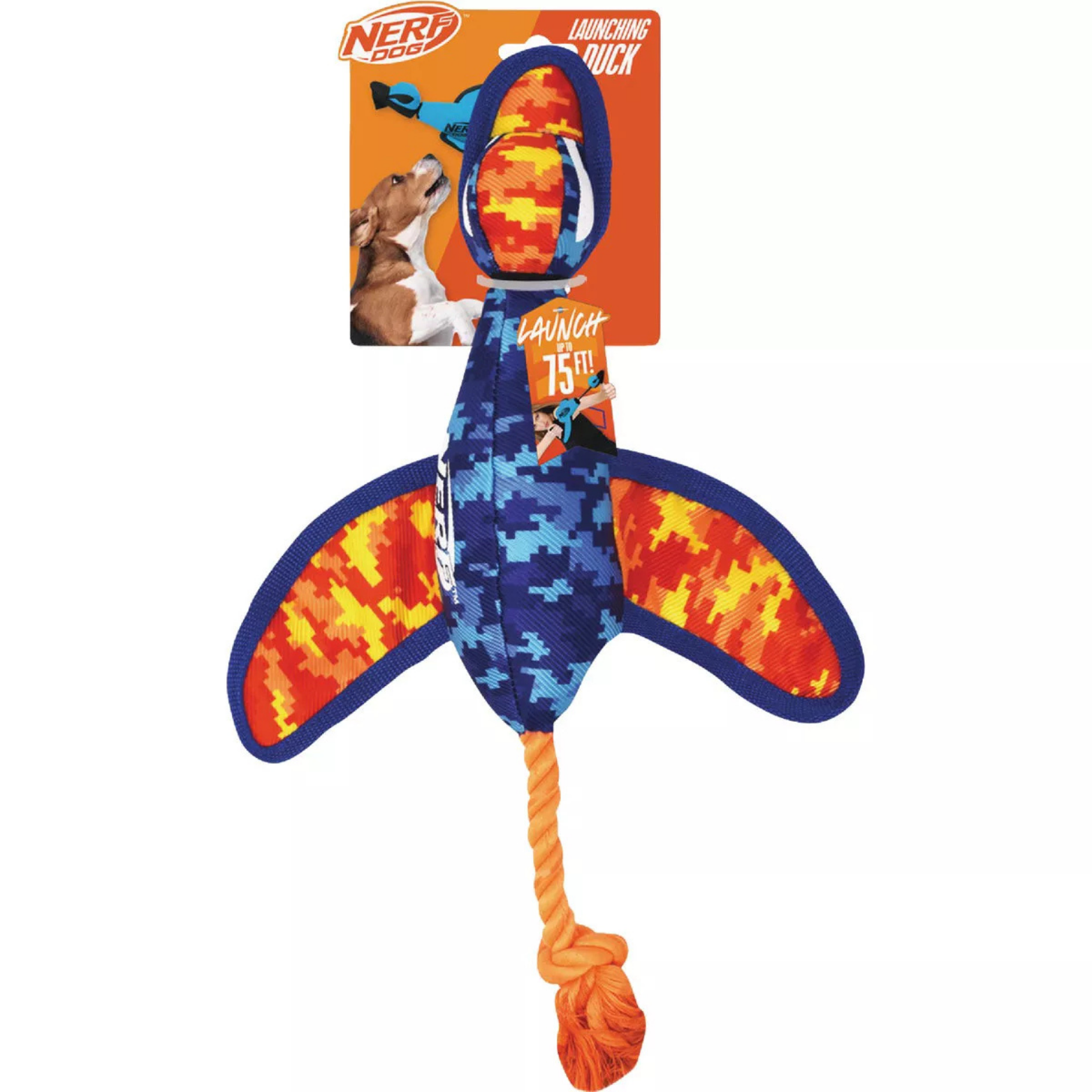 Nerf Dog Digital Camo Crinkle Wing Duck Launching Fetch Dog Toy, Orange/Blue, 16.5 inch