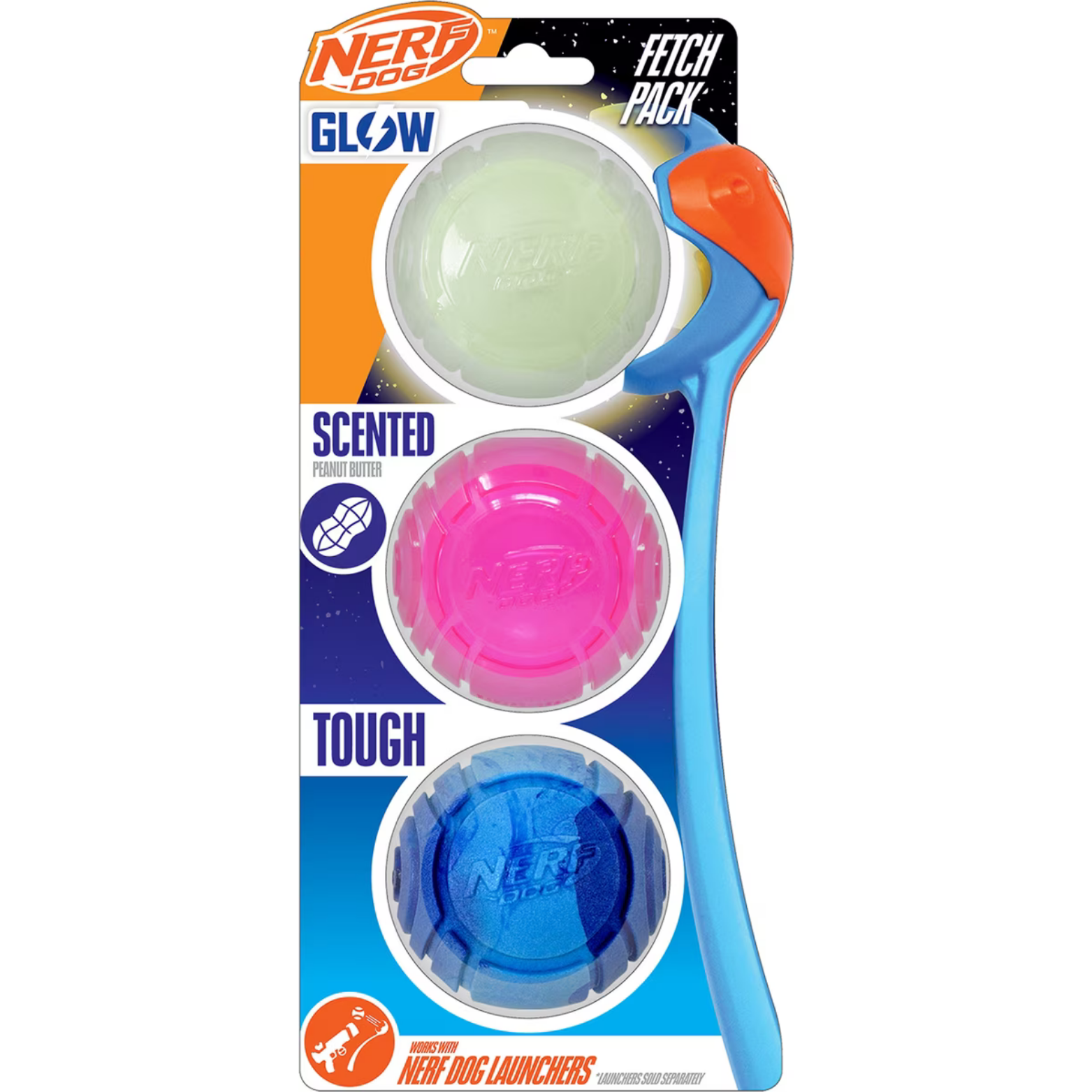 Nerf Dog Gift Set TPR Lightning Glow,TPR Peanut Butter Scented, & Solid Foam Sonic Ball , 2.5-in, 3 count with Launcher Dog Toy