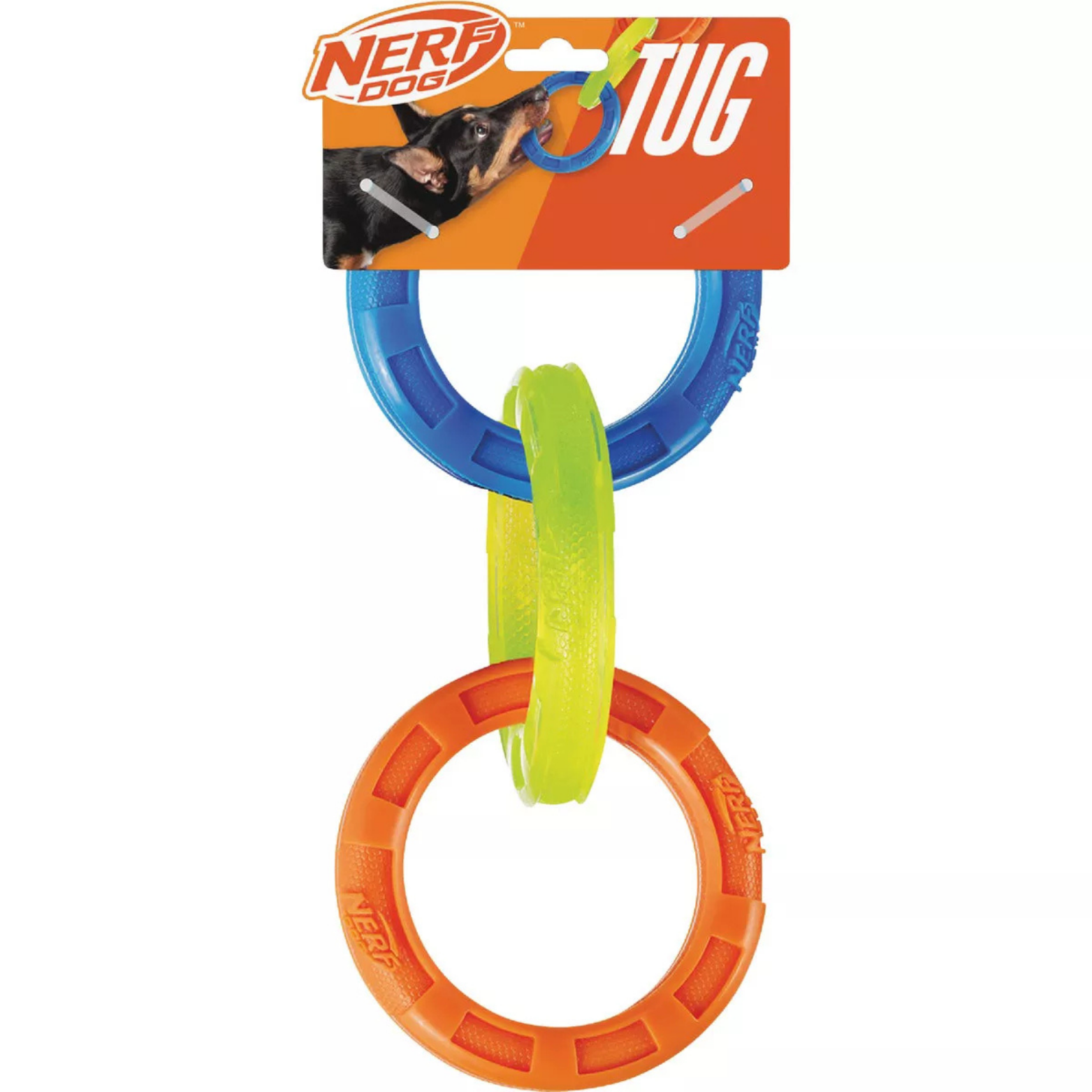 Nerf Dog TPR 3-Ring Tug Dog Toy, Blue/Green/Orange, 10.5"