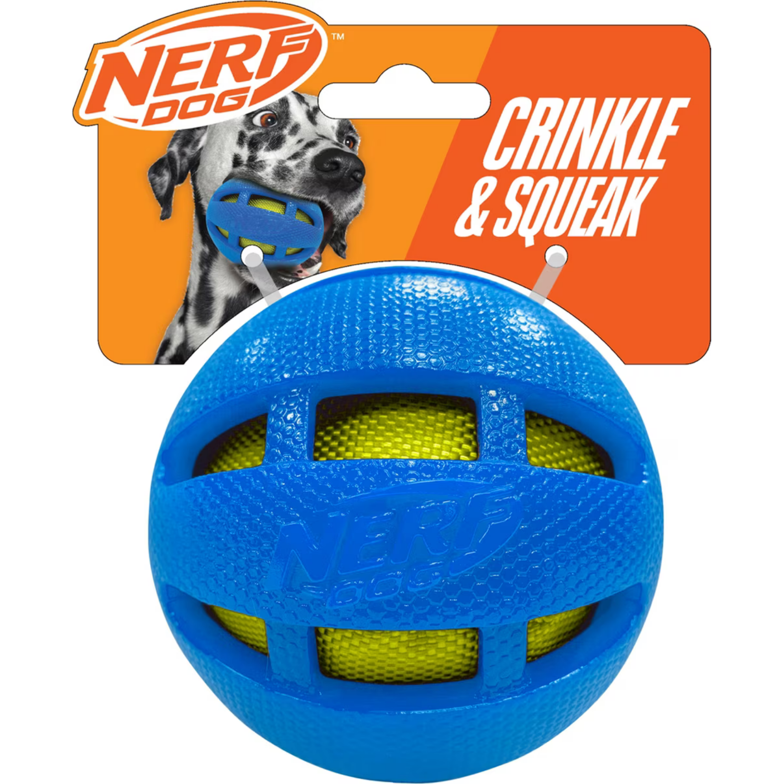 Nerf Dog TPR Checker Squeak & Crunch Ball Dog Toy, Blue/Green, 3.8"