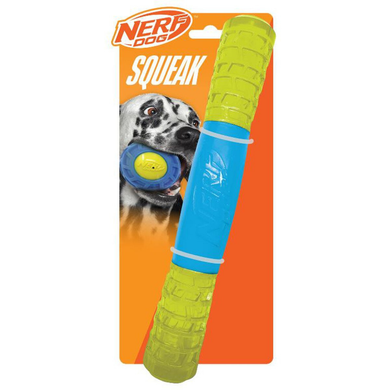 Nerf Dog TPR Exo Squeak Stick Dog Toy, Blue/Green, 11.5"