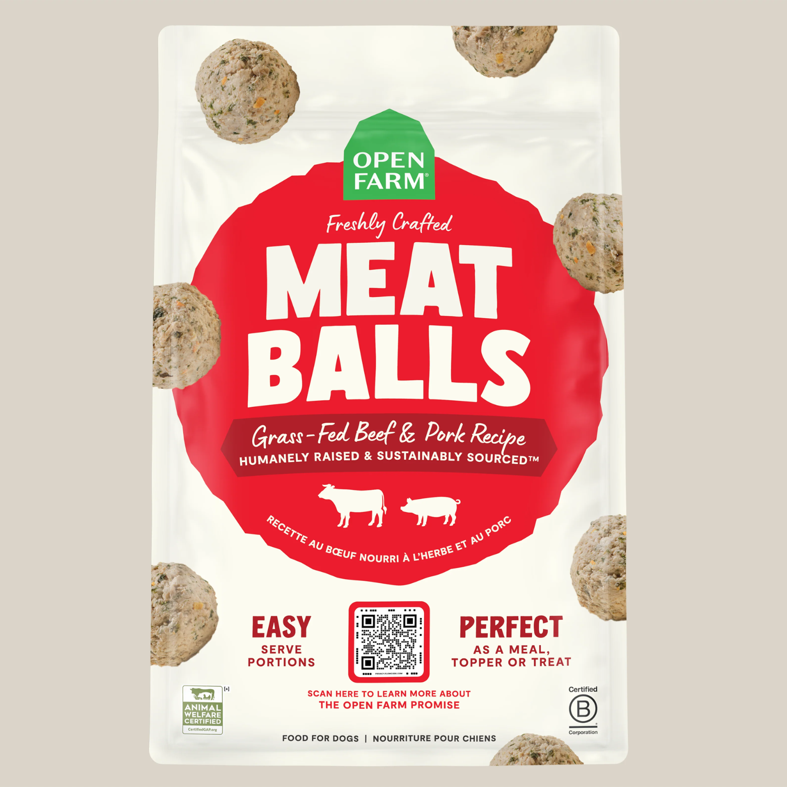 Package of Open Farm meatballs with a beige background