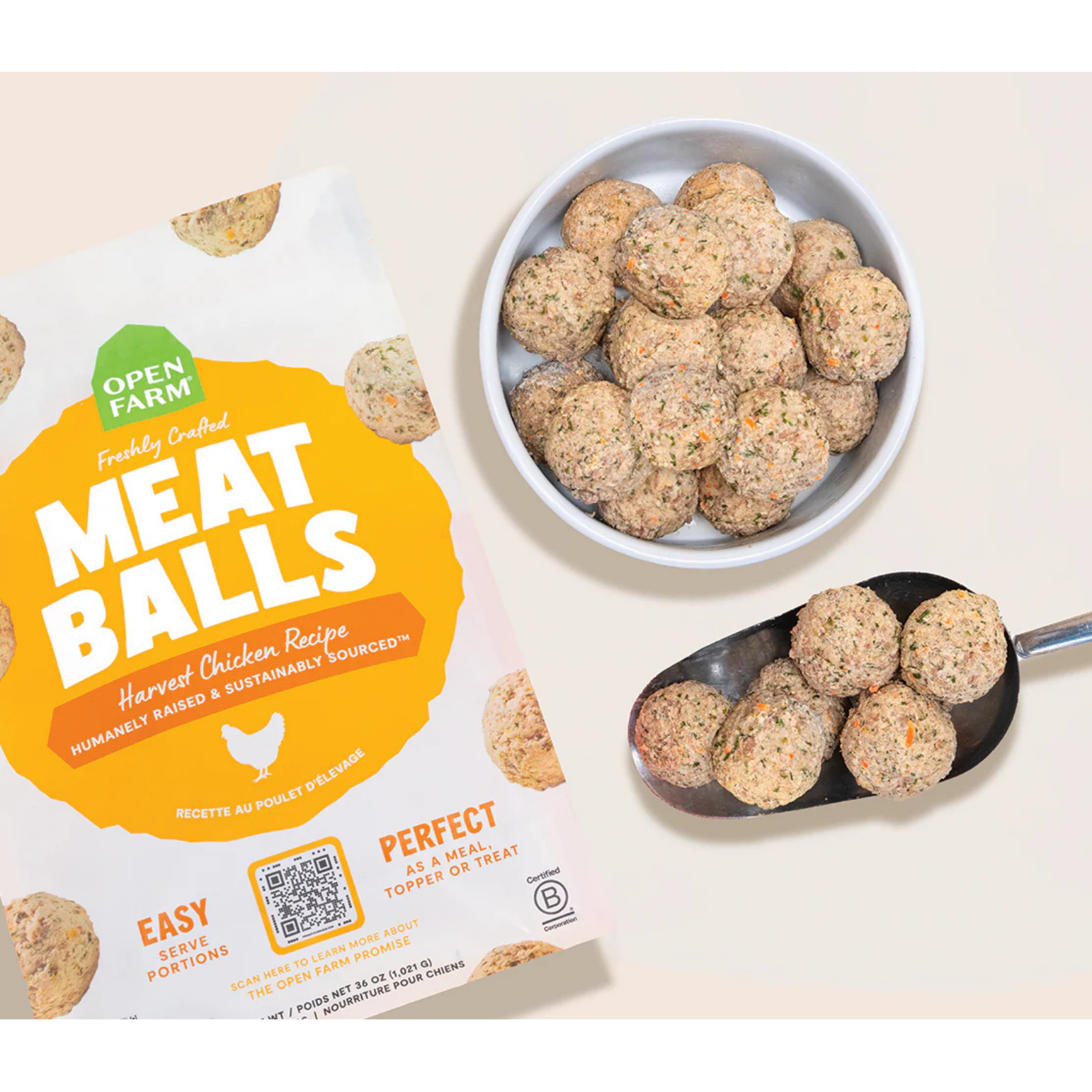 Open Farm meatballs packaging with a bowl and spoonful of meatballs on a light background