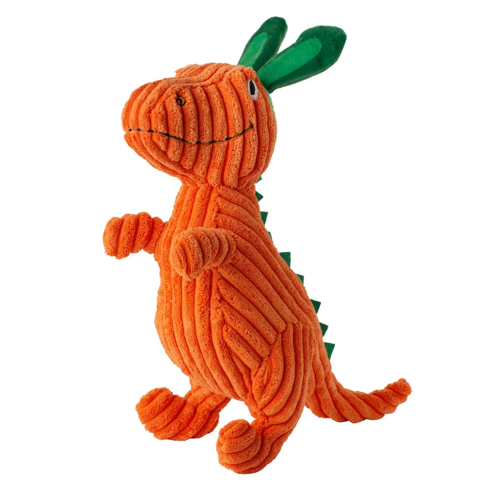 Orange dinosaur-shaped toy with green leaves on a white background