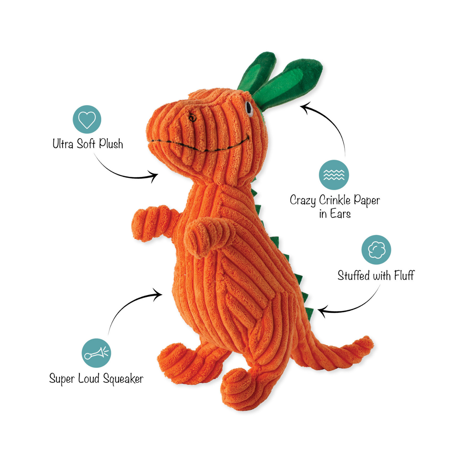 Orange dinosaur-shaped toy with features highlighted on a white background