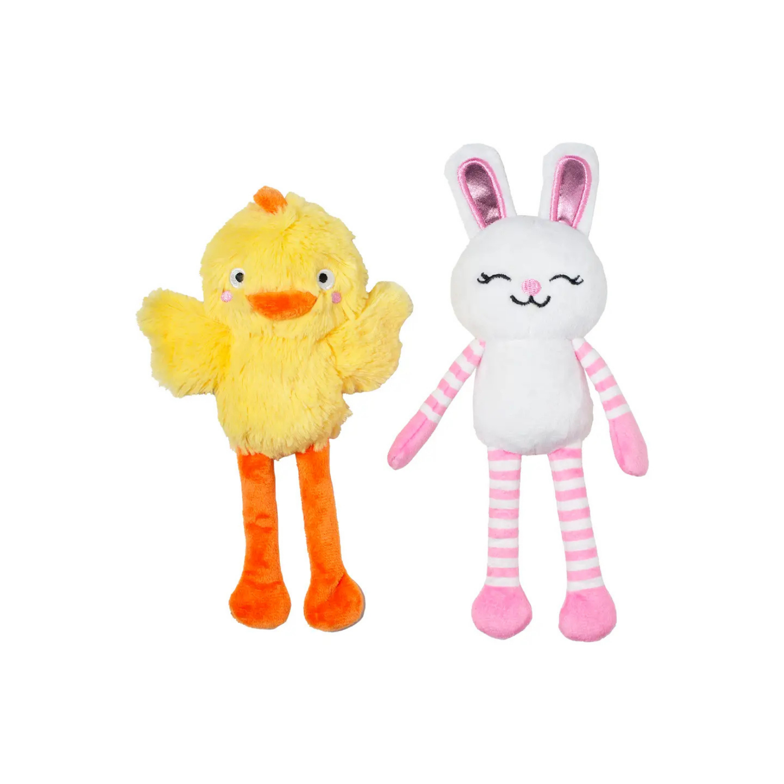 Plush toy chick and rabbit on a white background