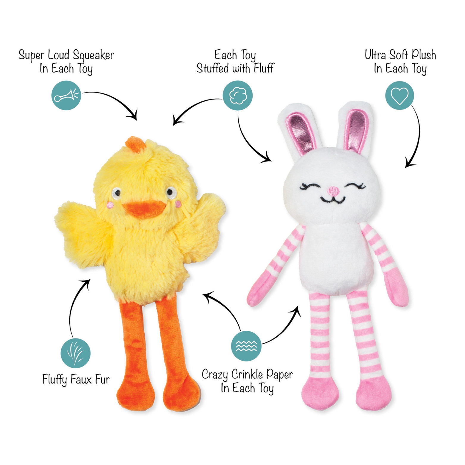 Two plush toys, a yellow chick and a white bunny with pink stripes, on a white background with text describing features.