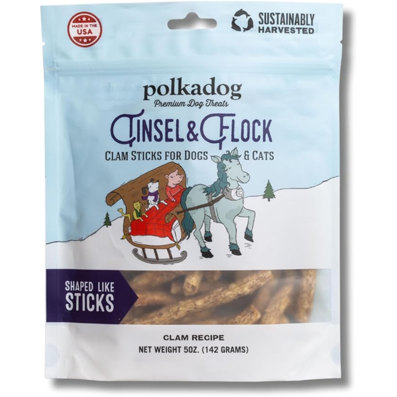 Polka Dog Holiday Tinsel and Flock Clam Dog Treats 5 oz