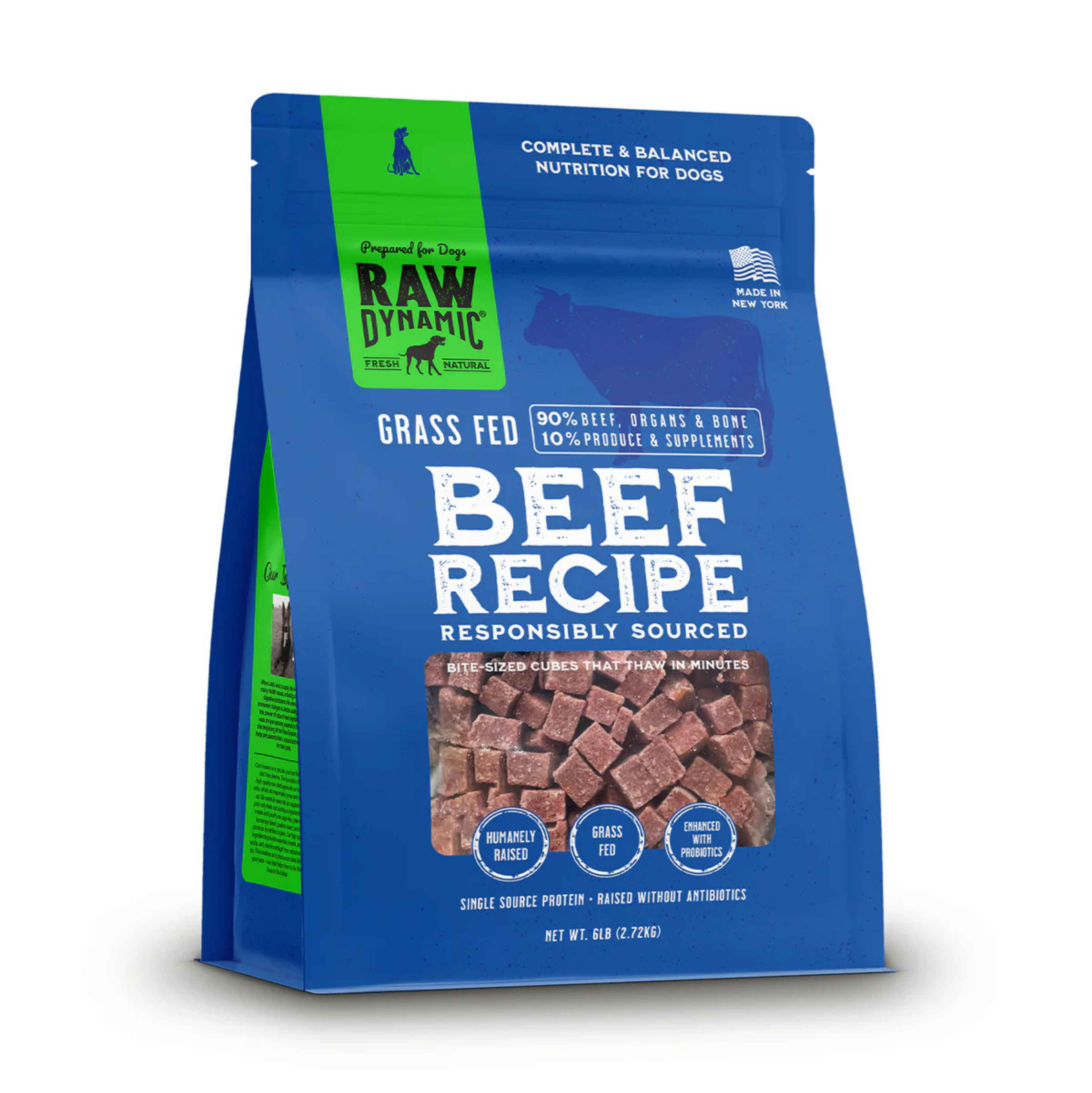 Blue bag of Raw Dynamic grass-fed beef recipe dog food on a white background