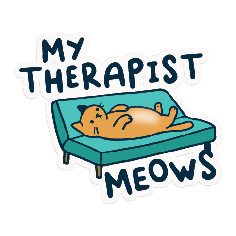 Sticker with a cat on a couch and text 'My Therapist Meows' on a white background