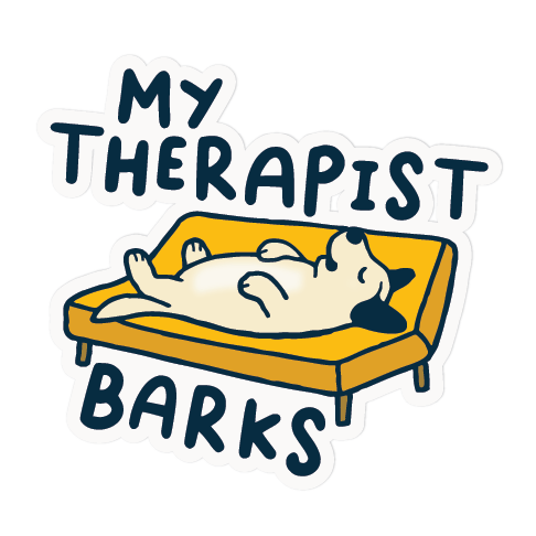 Sticker with a dog lying on a couch and text 'My Therapist Barks' on a white background