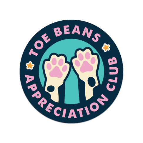 Logo for Toe Beans Appreciation Club with paw prints and stars on a dark blue background