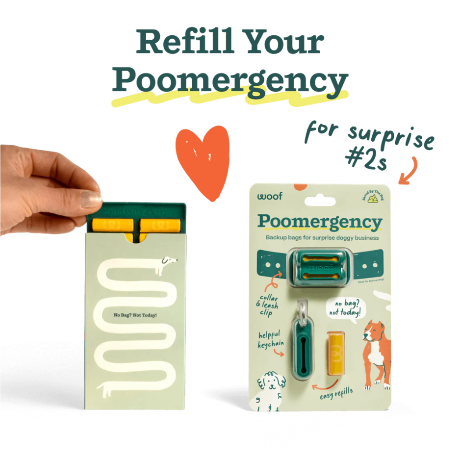 Poomergency doggy backup bags packaging with text 'Refill Your Poomergency' on a white background.