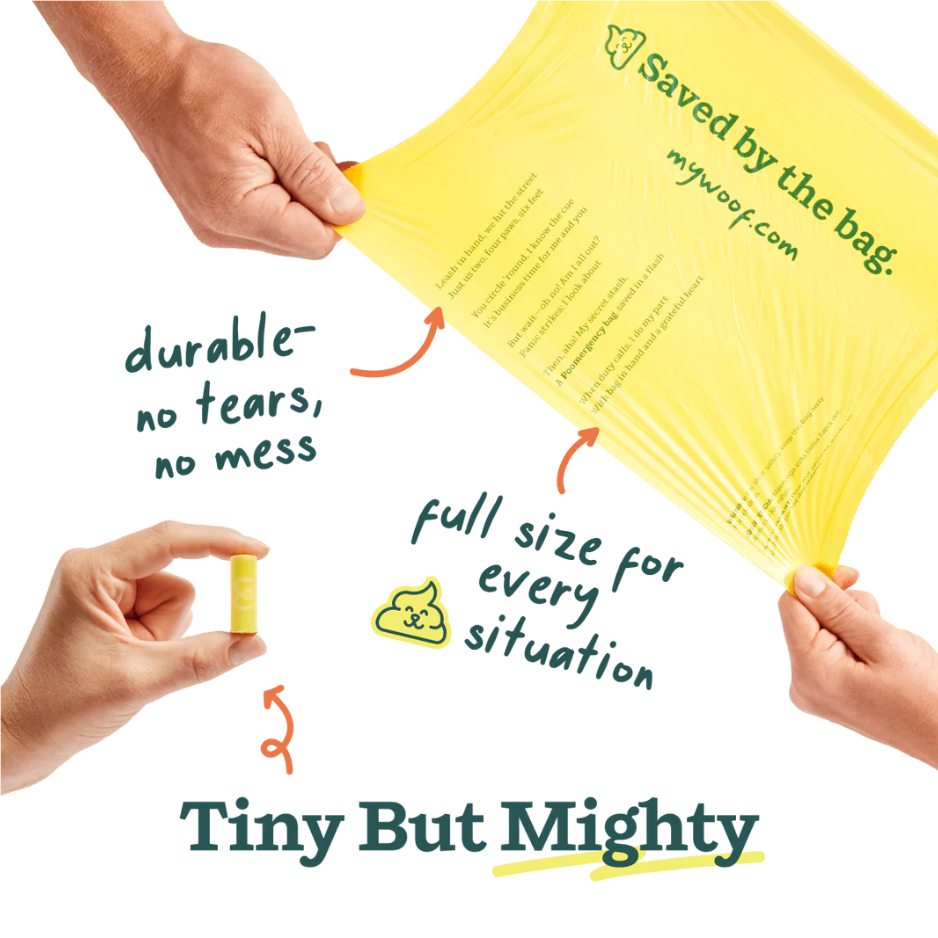 Yellow product with text about durability and size, held by hands on a white background.