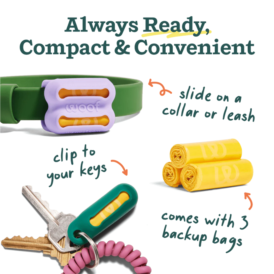 Pet safety product with green and purple collar, yellow bags, and pink keychain on a white background.