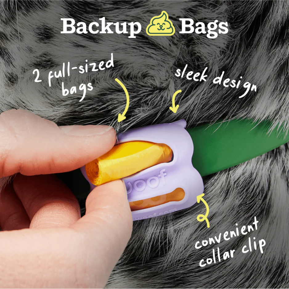 Dog waste bag dispenser attached to a dog's collar with text highlighting features.