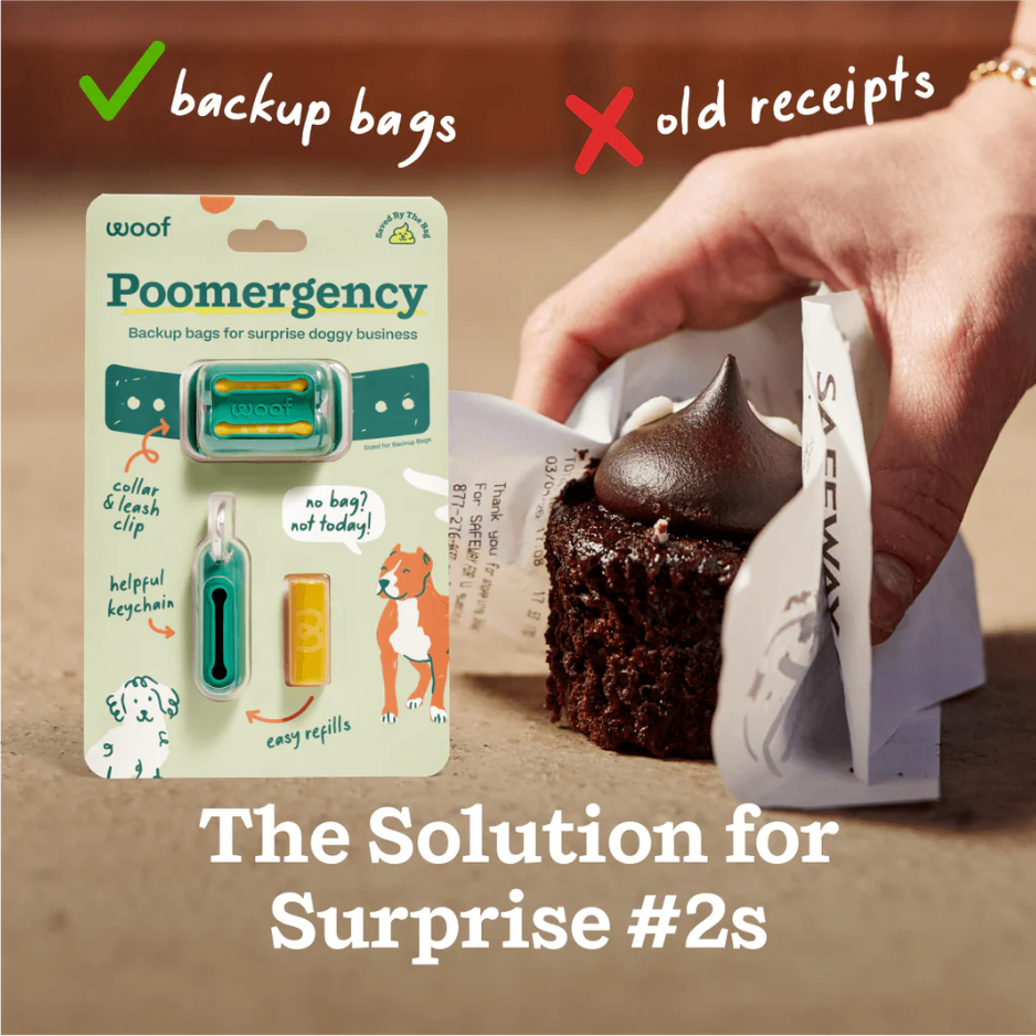 Pooemergency backup bags packaging with a hand holding a brownie and a Safeway receipt.